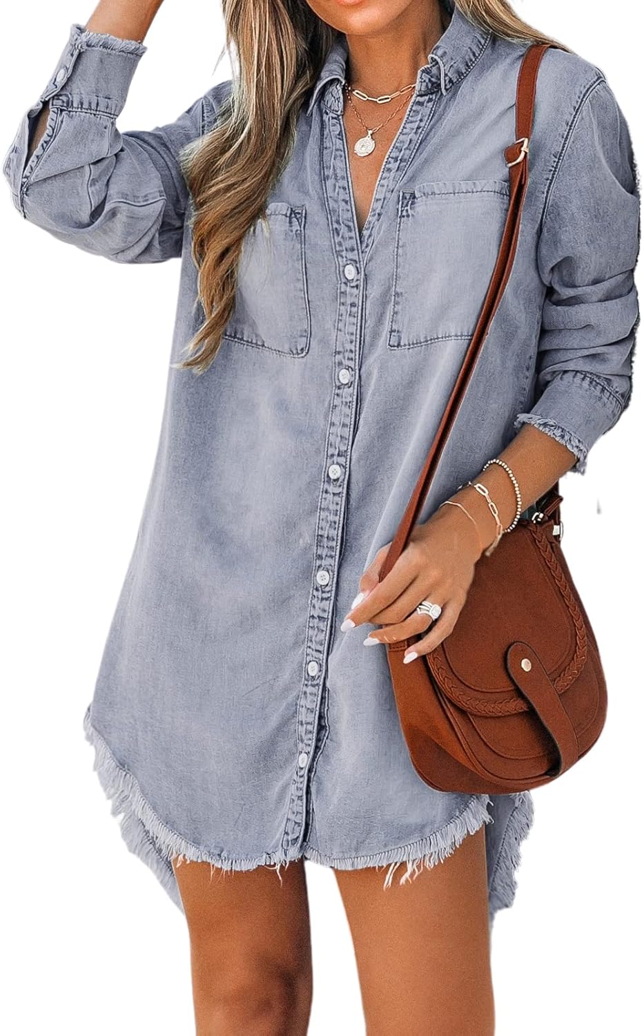 CUPSHE Damen Jeanshemd V Ausschnitt Knopfleiste Brusttaschen Asymmetrisch Jeansbluse Hemdblusen Deni