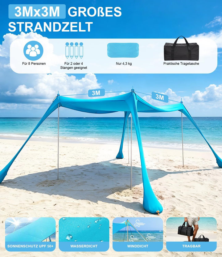UPF50+ Strandzelt 3m x 3m, Schatten Zelt Strandmuschel Beachmit Sandschaufel & Erdnägeln und 4 Stütz