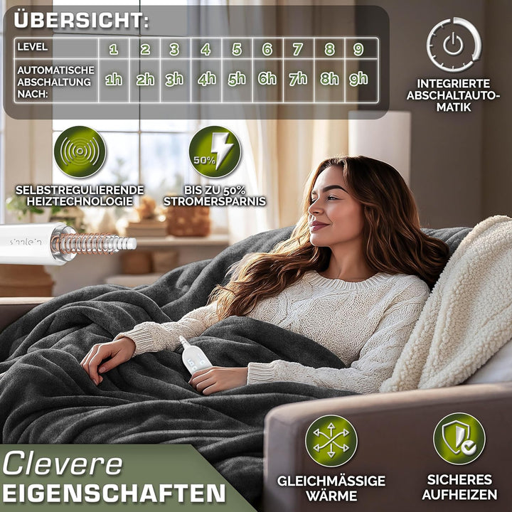 sinnlein® Heizdecke mit Abschaltautomatik 180 x 130 cm | Elektrische Wärmedecke mit 9 Temperaturstuf