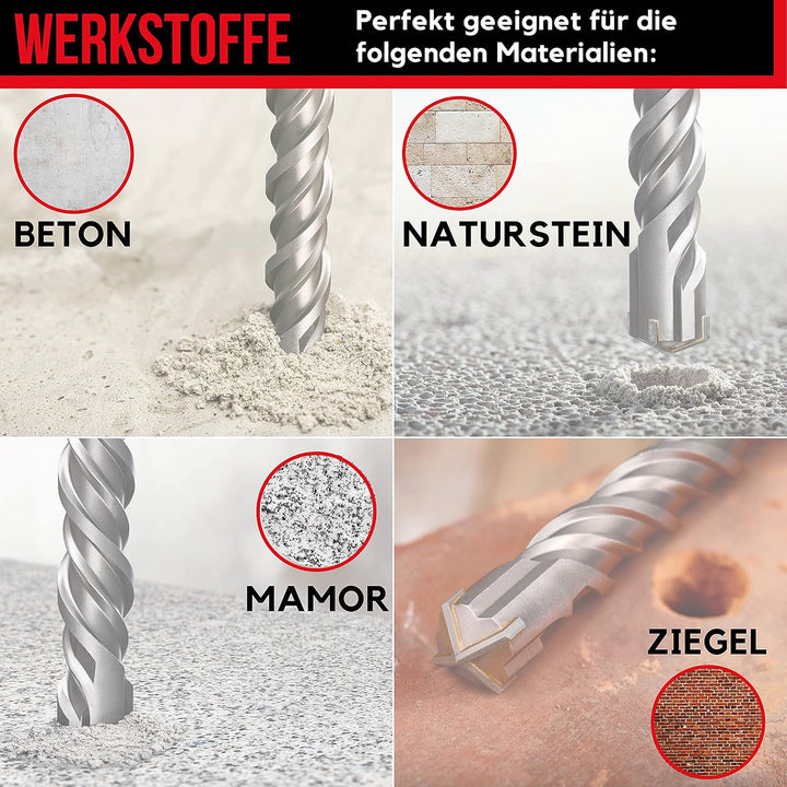 SDS Plus Bohrer Set | Hammerbohrer für Beton mit 4 Schneiden | in den Grössen 6,6,8,8,10 | Betonbohr