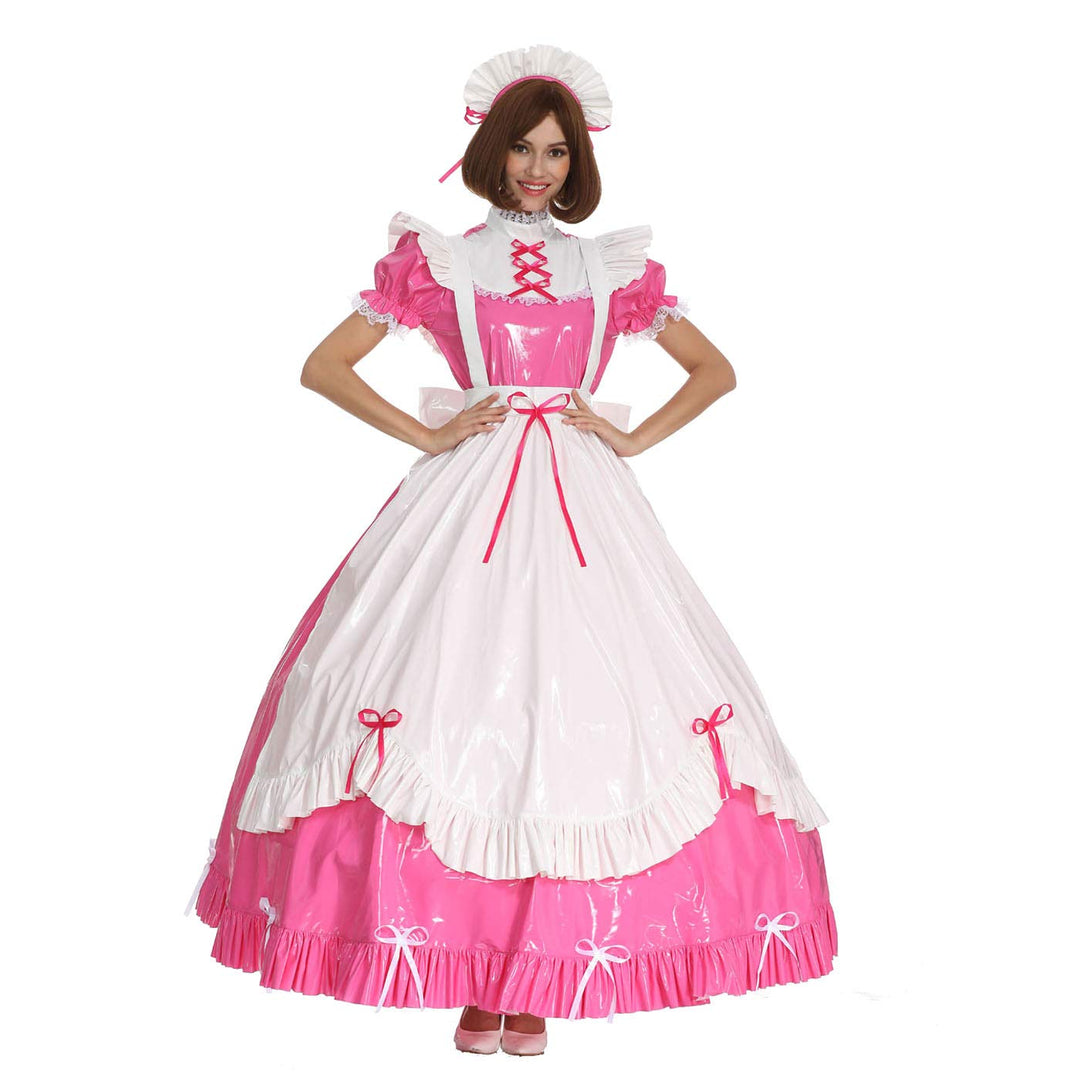GOceBaby Frauen Sissy Dienstmädchen Gotisch Schleife Rosa PVC Verschliessbar Kleid Crossdress mit La