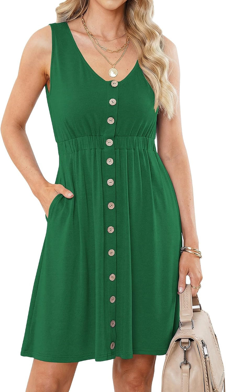 AUSELILY Sommerkleid Damen Ärmellos V-Ausschnitt Minikeid Casual Button Down Strandkleid mit Taschen