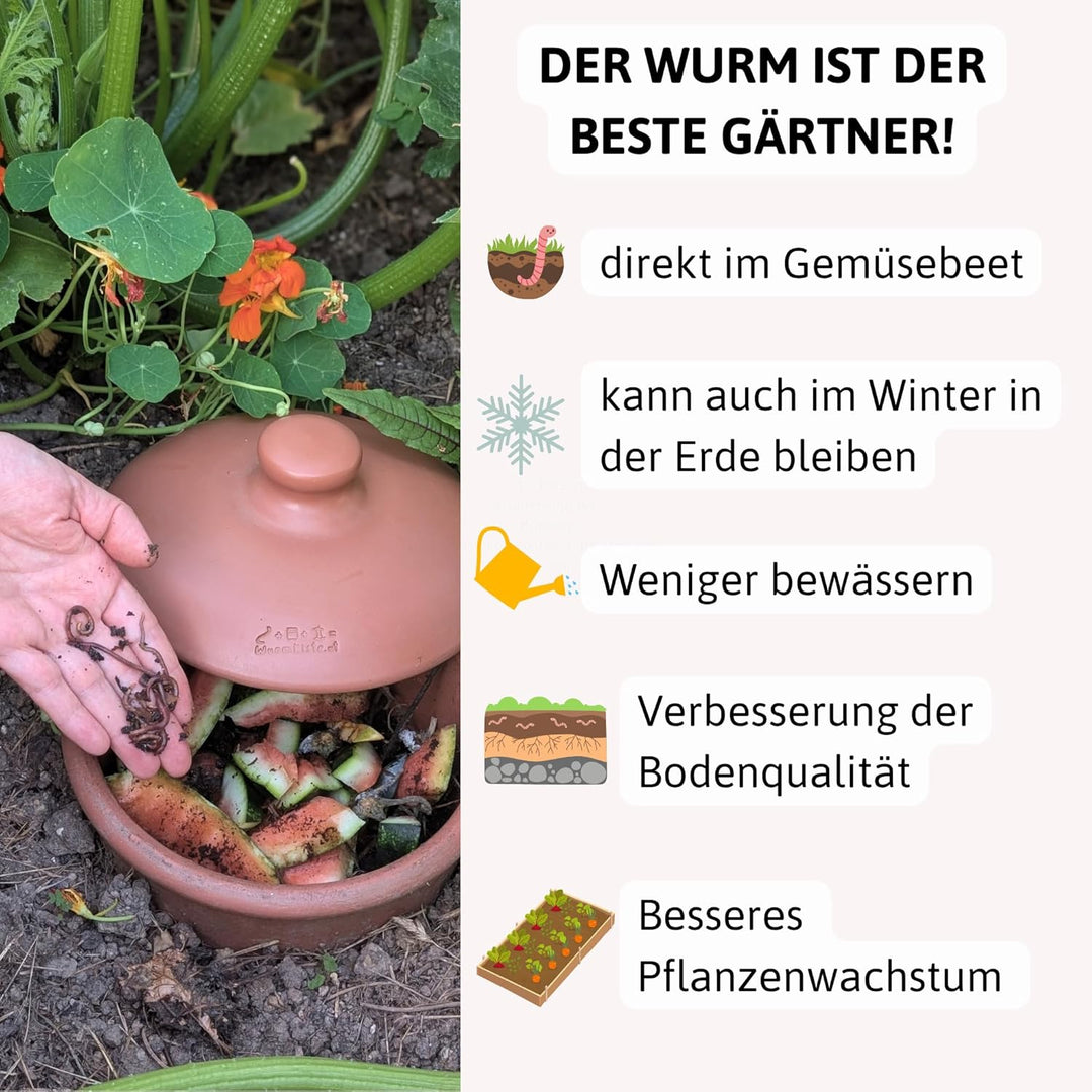 1l Wurmvase aus Ton | Mini Wurm Komposter zum eingraben, 1L