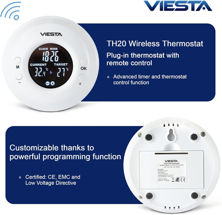 TH20 Funk-Steckdosenthermostat (230V/3600W) – Digital, programmierbar, mit Fernbedienung, Wochenprog