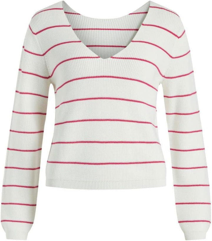 Vila Damen Vichao V-Neck L/S Knit Top/Su-Noos Strickpullover, M White Alyssum/Stripes:pink Yarrow