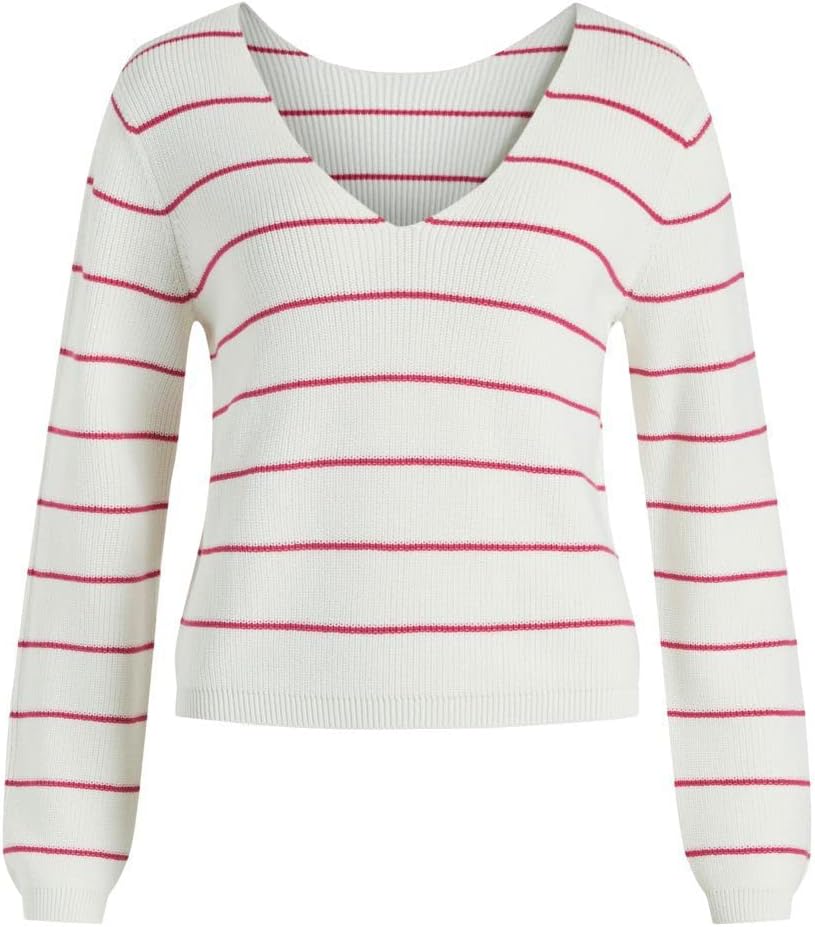 Vila Damen Vichao V-Neck L/S Knit Top/Su-Noos Strickpullover XL White Alyssum/Stripes:pink Yarrow, X