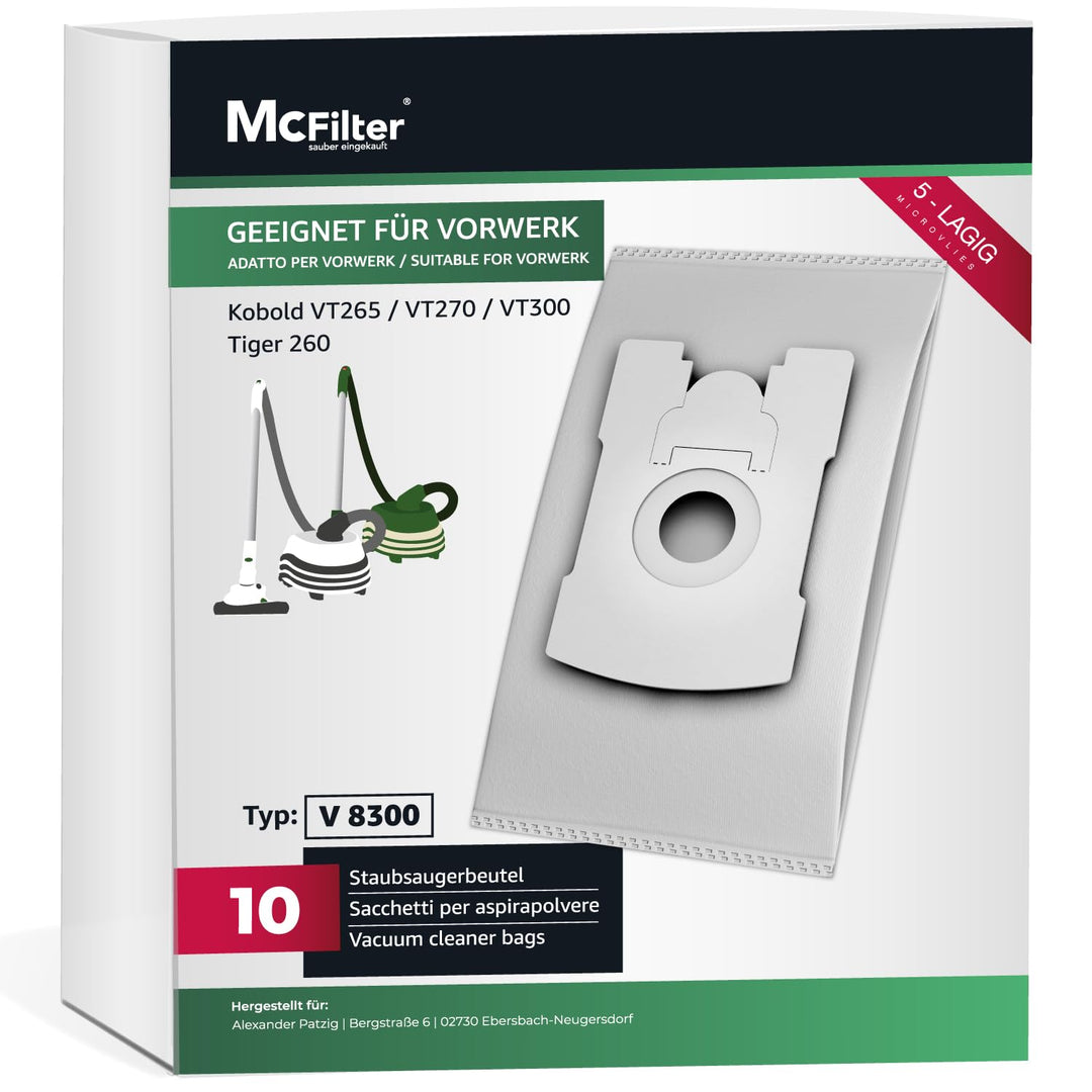 McFilter I 10 Staubsaugerbeutel geeignet für Vorwerk Tiger 260, Vorwerk Kobold VT265 VT270 VT300 - V