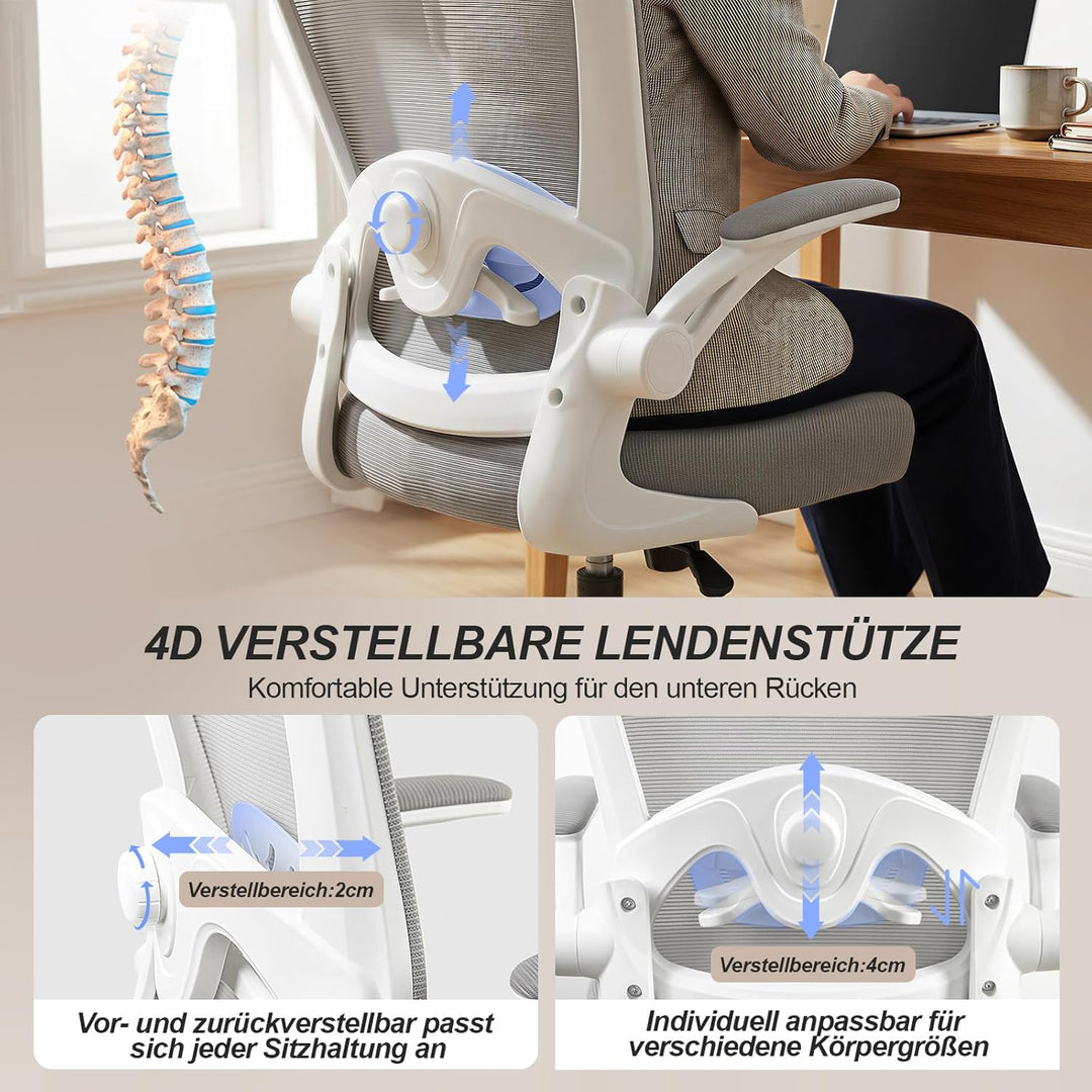 Bürostuhl Ergonomisch mit 4D Verstellbarer Lordosenstütze und Atmungsaktivem Mesh, Ergonomischer Sch
