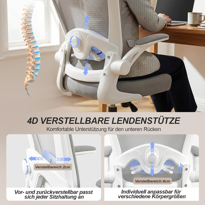 Bürostuhl Ergonomisch mit 4D Verstellbarer Lordosenstütze und Atmungsaktivem Mesh, Ergonomischer Sch