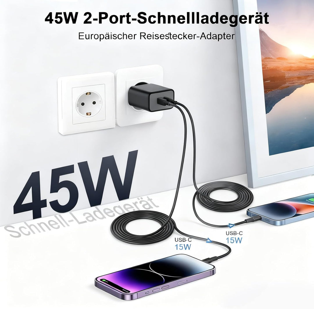 2Pack 45W Dual Port USB C Ladegerät, iPhone 17/16/15 Ladegerät mit 3M langem USB C Ladekabel, PD Sch