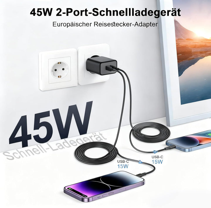 2Pack 45W Dual Port USB C Ladegerät, iPhone 17/16/15 Ladegerät mit 3M langem USB C Ladekabel, PD Sch
