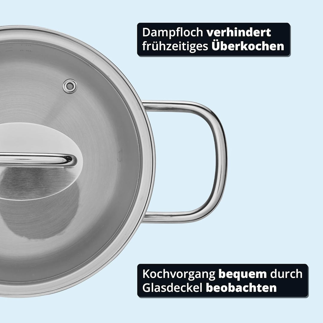KHG Topf Kochtopf Fleischtopf 16 cm Induktion, Edelstahl unbeschichtet inkl. Glasdeckel | 9,5 cm hoh