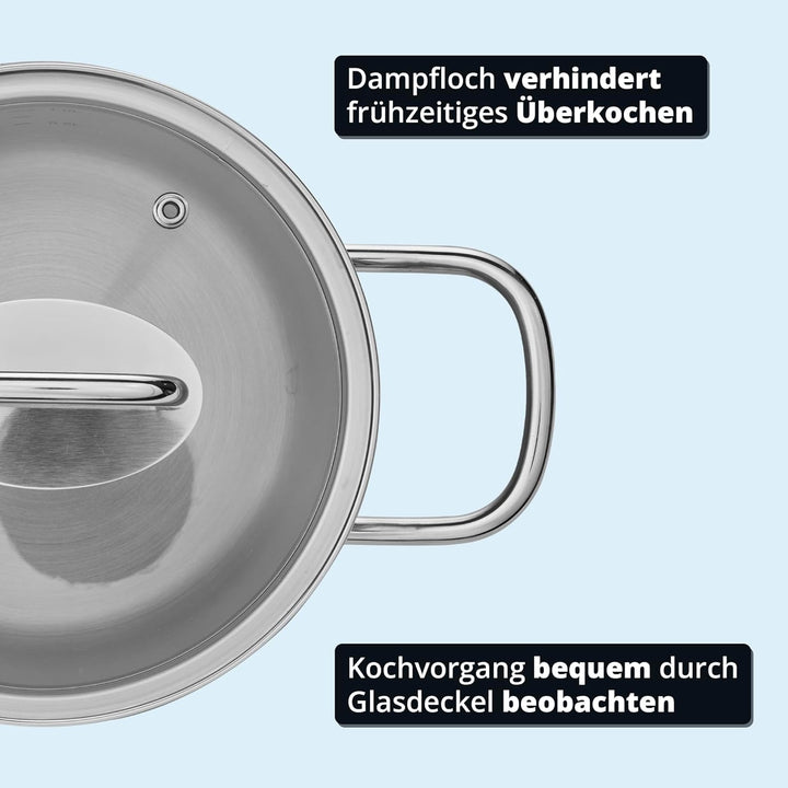 KHG Topf Kochtopf Fleischtopf 16 cm Induktion, Edelstahl unbeschichtet inkl. Glasdeckel | 9,5 cm hoh