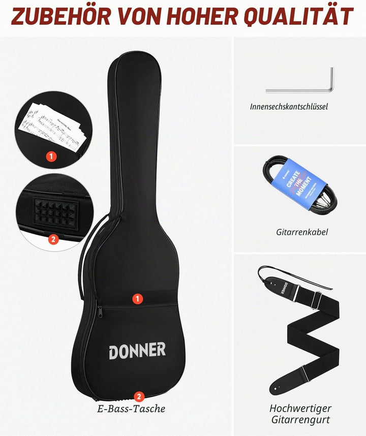 Donner E-Gitarre Set E Gitarren LP-Stil 39 Zoll Voller Grösse mit Tasche, Gurt, Kabel (Schwarz), Sch