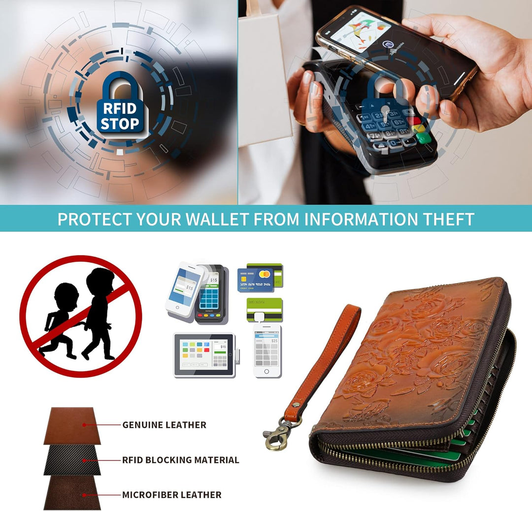 LETEULO Geldbörse Damen Leder Gross Frauen Clutch Portemonnaie Mit RFID Schutz Gross Geldbeutel Lang