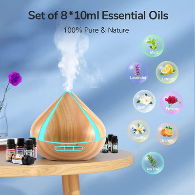 500 ml Essential Oil Diffuser with 8 Oils, Aromatherapy Diffuser with Remote Control, 4 Timers, Auto