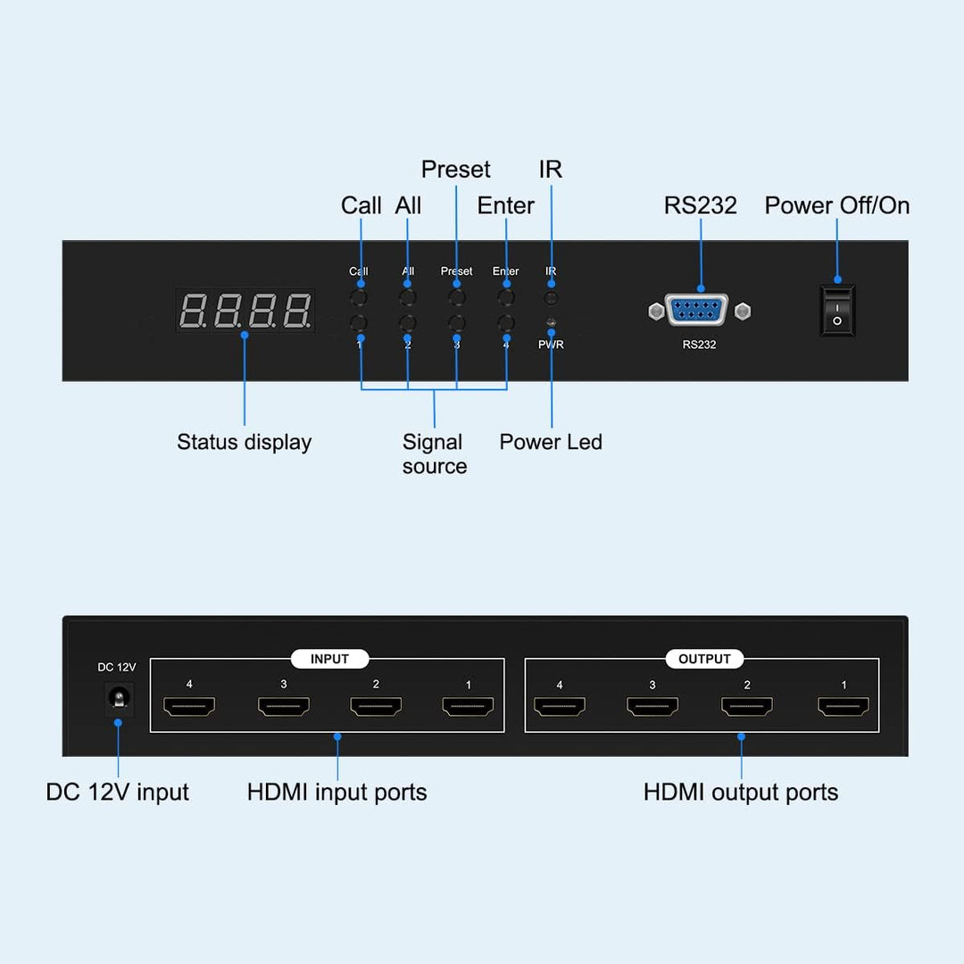 HDSUNWSTD HDMI Matrix Switch 4x4,4K HDMI Matrix Switcher Splitter 4 in 4 Out Box mit RS232 & IR & Bu