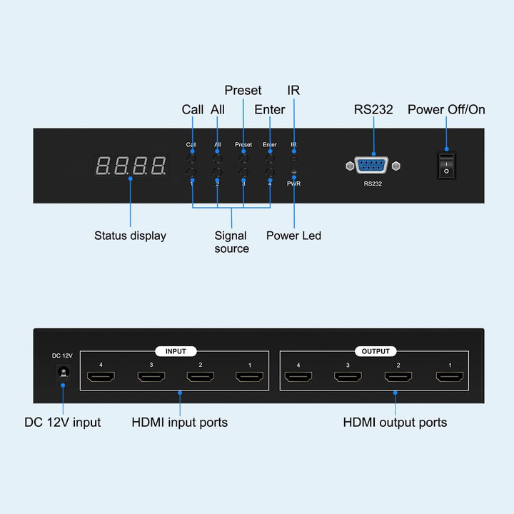 HDSUNWSTD HDMI Matrix Switch 4x4,4K HDMI Matrix Switcher Splitter 4 in 4 Out Box mit RS232 & IR & Bu