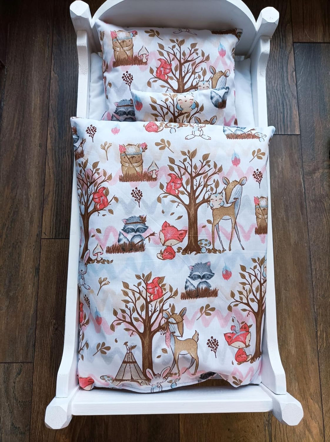 Handgefertigte Puppenbettwäsche, Waldfreunde, Hase und Igel, Gänse und Blumen, waschbar Decke 41h x