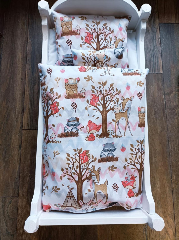 Handgefertigte Puppenbettwäsche, Waldfreunde, Hase und Igel, Gänse und Blumen, waschbar Decke 41h x