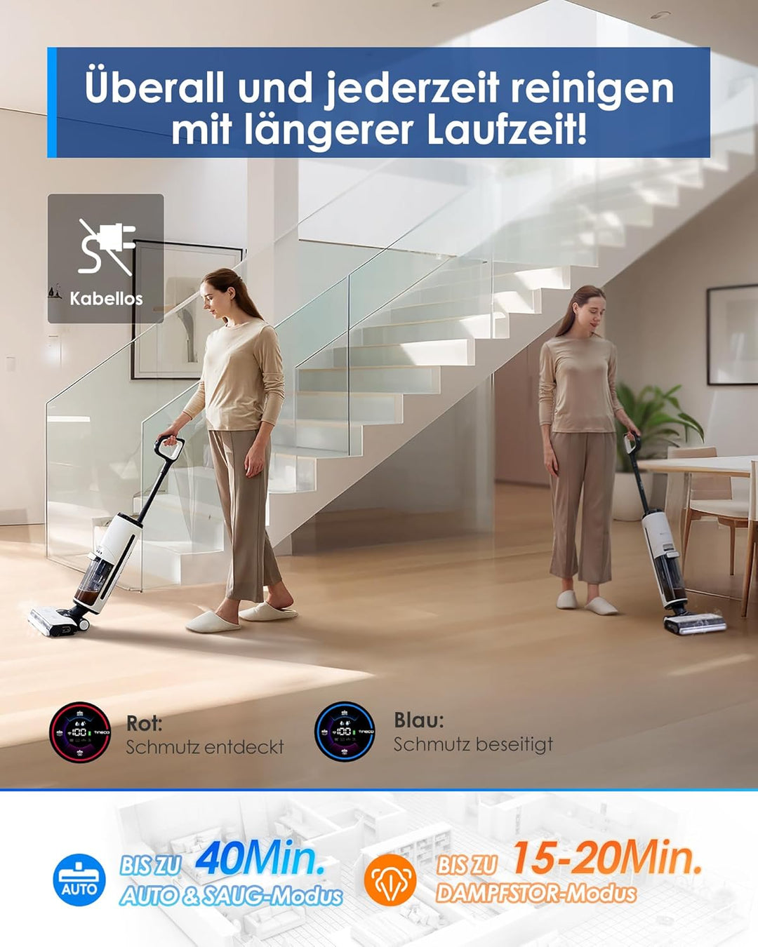 Tineco Floor ONE S7 Steam Schnurloser Dampfreiniger, Dampfmop für Verschmutzungen auf Hartböden mit