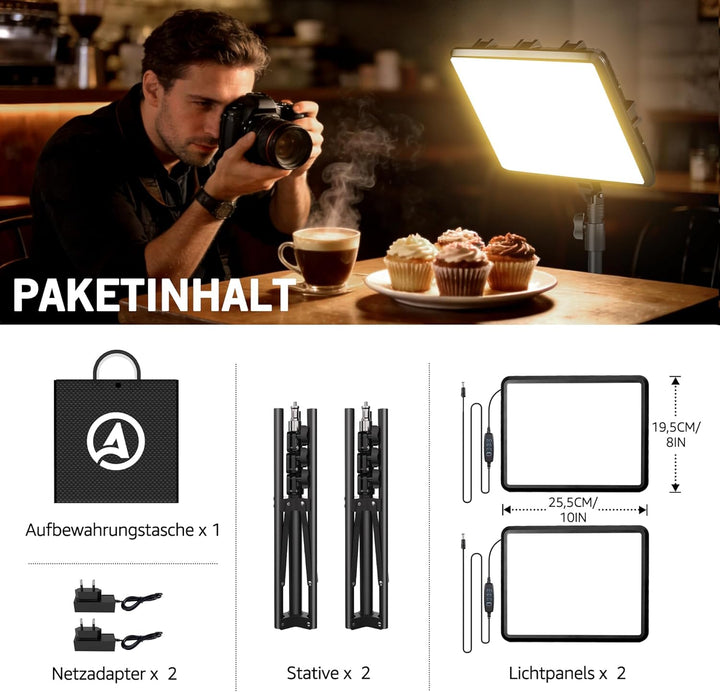 Video Licht, 2-25x20 cm 23W LED Studio Fotolicht Set, Dimmbares 2800–7000K Fill-Licht für Video/Stre