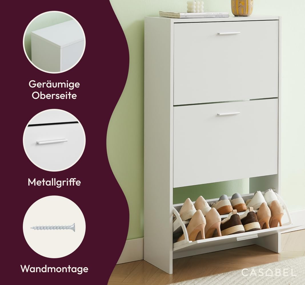 CASABEL Schuhschrank Schmal für 18 Paar Schuhe, Modernes Schuhregal Holz mit 3 Klappen, Platzsparend