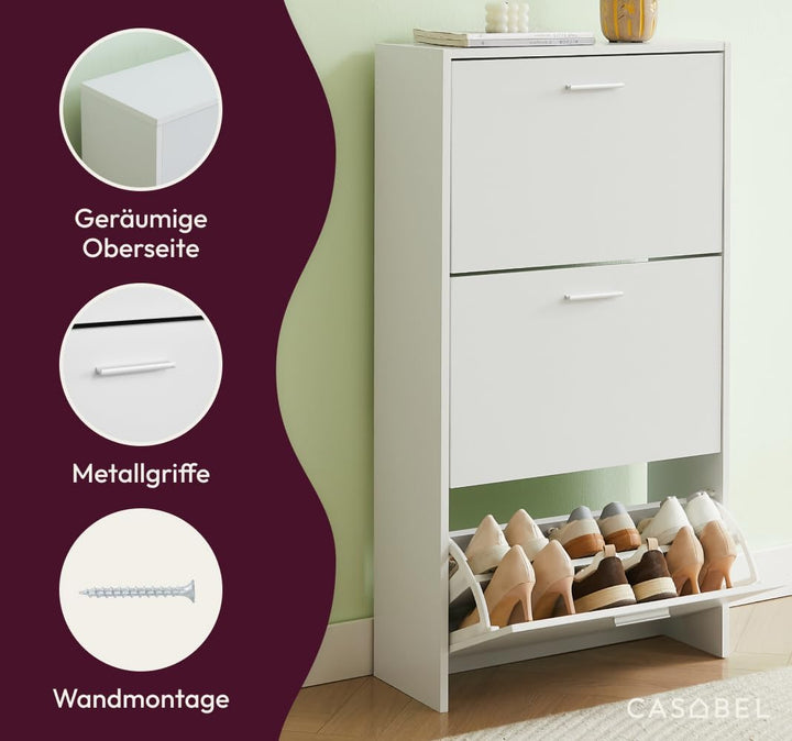 CASABEL Schuhschrank Schmal für 18 Paar Schuhe, Modernes Schuhregal Holz mit 3 Klappen, Platzsparend