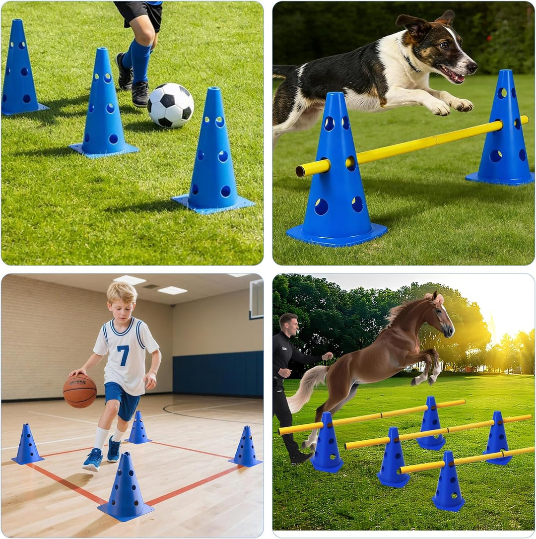Sports Steckhürdenset, 10 Kegel + 5 Stangen Agility Hürden Steckhürdenset, Kinder Agility Hürden Hin