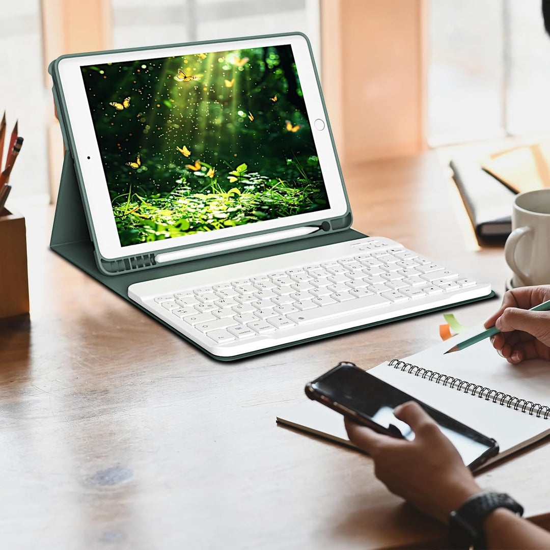 Hülle mit Tastatur für iPad 9./8./7. Generation 10,2 Zoll 2021/2020/2019, Abnehmbare kabellose Keybo
