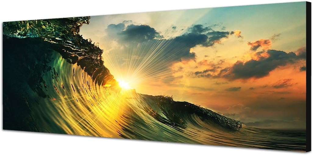 Paul Sinus Art Panoramabild auf Leinwand und Keilrahmen 150x50cm Meer Welle Wolkenhimmel Sonnenunter