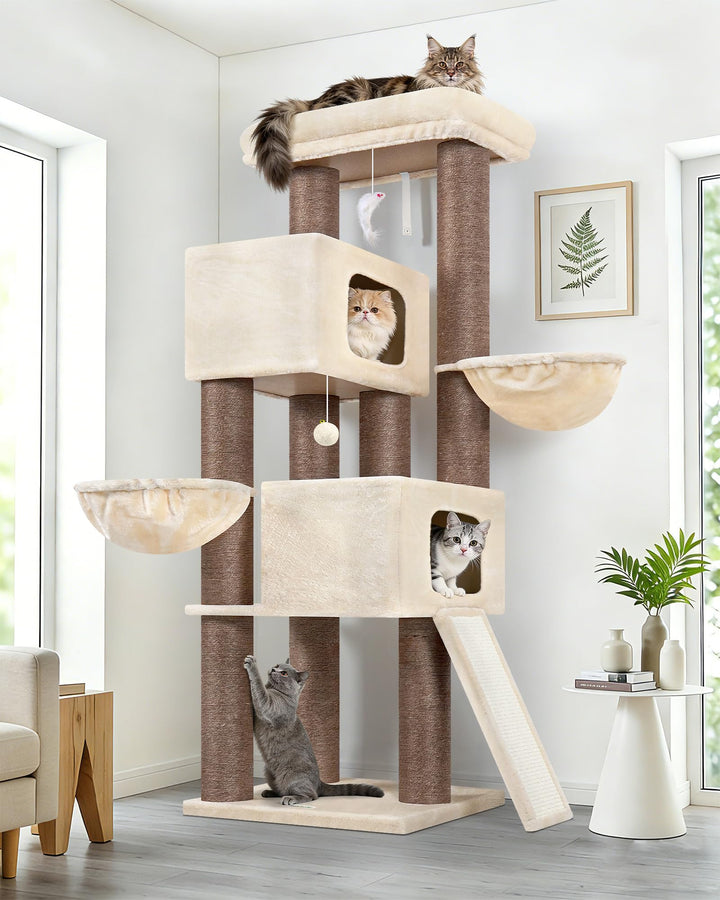 Globlazer Beige Kratzbaum Dicke Stämme 11CM für Grosse Katzen mit 2 Extragross Katzenhaus 50*35*30cm