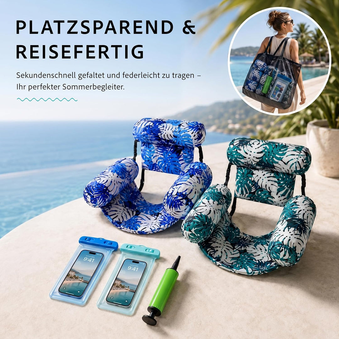 Wasserhängematte Pool Erwachsene 2er Set Aufblasbarer Schwimmsessel mit Stoffbezug Rückenlehne Handp