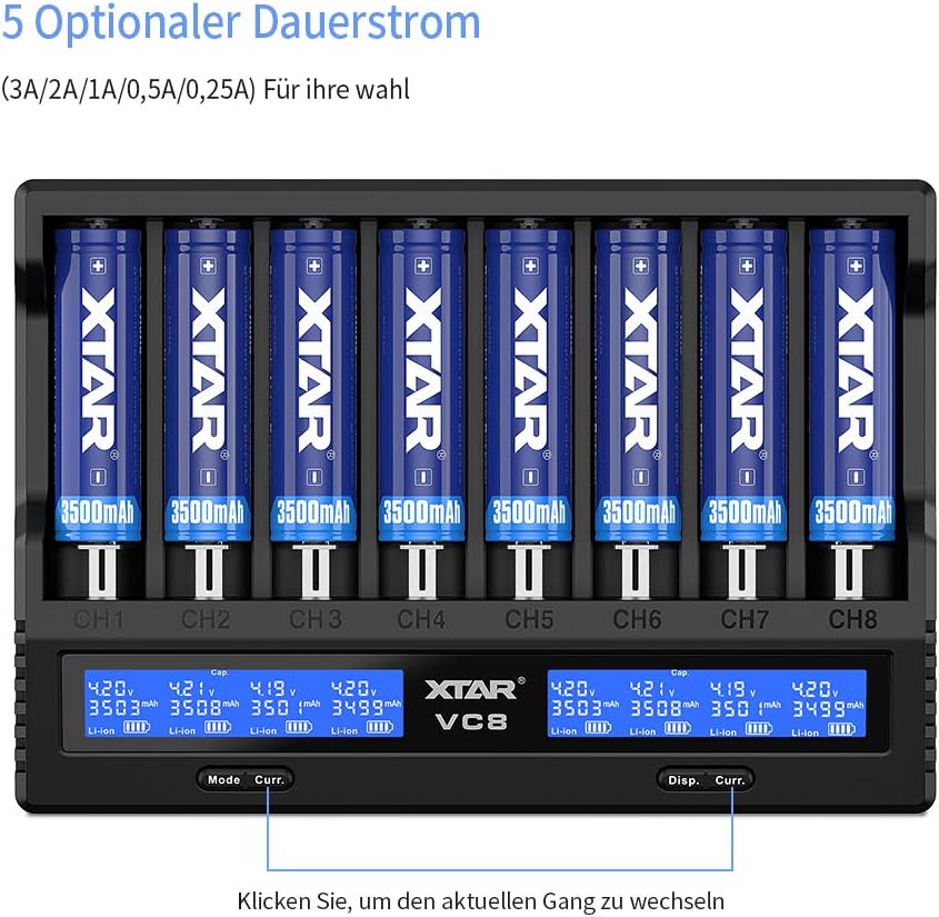18650 Ladegerät 8 Einschübe XTAR VC8 21700 Ladegerät mit LCD-Anzeige für 3,6 V 3,7 V Li-Ion 10440 16
