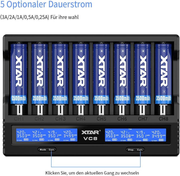 18650 Ladegerät 8 Einschübe XTAR VC8 21700 Ladegerät mit LCD-Anzeige für 3,6 V 3,7 V Li-Ion 10440 16