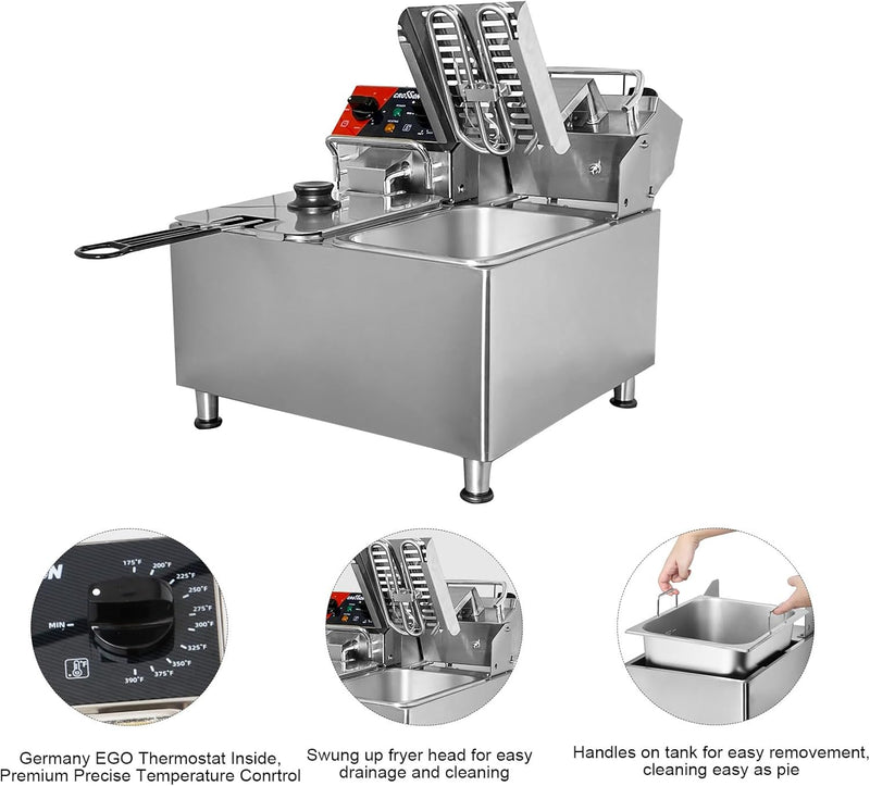 CROSSON 8L Elektrische Fritteuse mit doppeltem Tank und rotierendem Fritteusenkopf, 30-Minuten-Timer