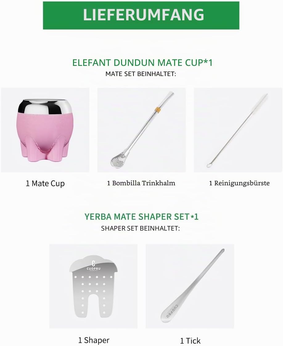 Premium Yerba Mate Tasse, 5-in-1-Set, inklusive Edelstahl-Kürbis (Glitzersterne, niedlicher Elefante