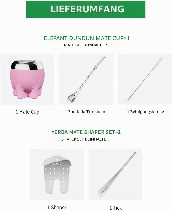 Premium Yerba Mate Tasse, 5-in-1-Set, inklusive Edelstahl-Kürbis (Glitzersterne, niedlicher Elefante