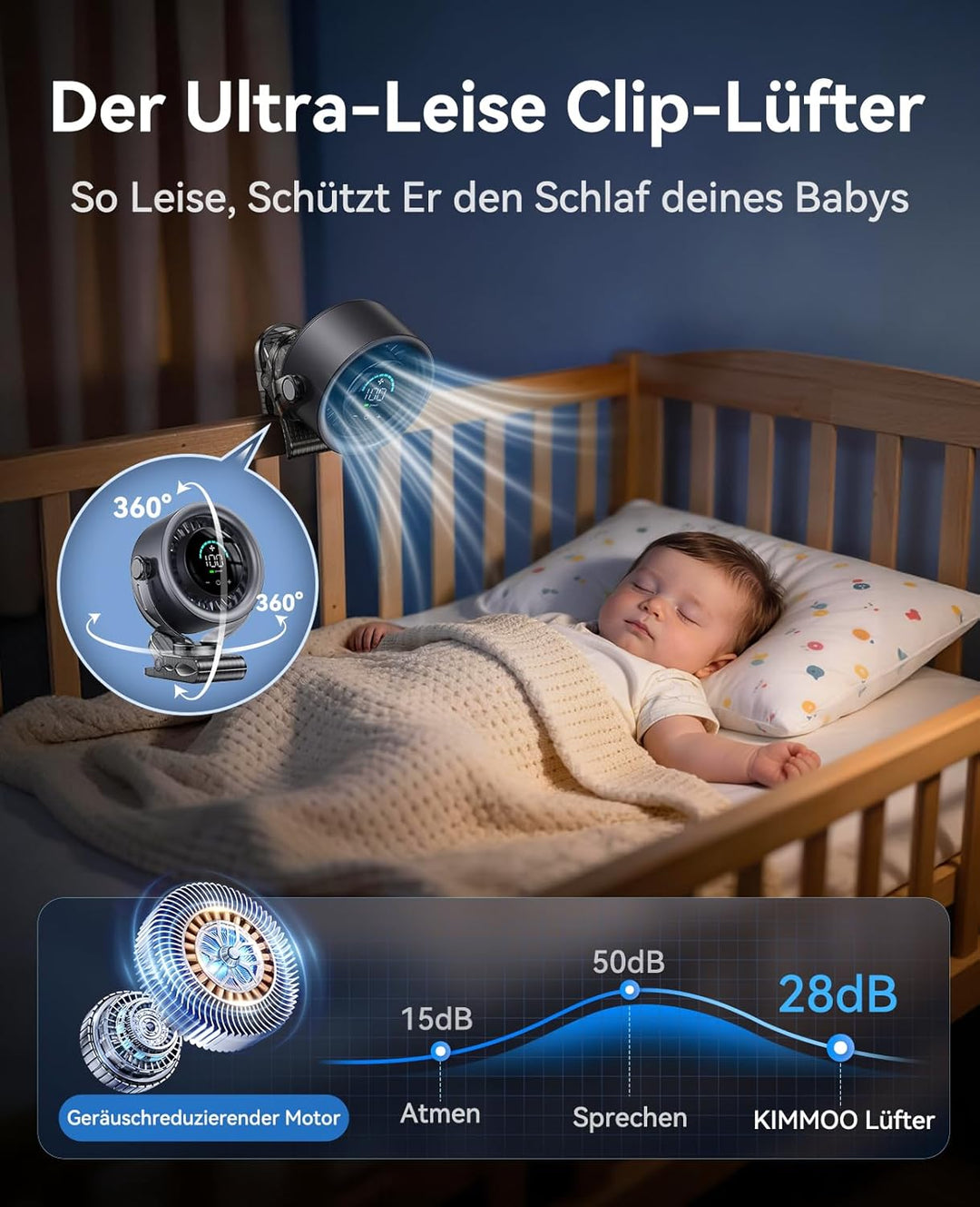 KIMMOO 4000mAh Akku-Clip-Ventilator mit LED-Display, 100 Stufen Touch-Control, 360° Rotation, leiser