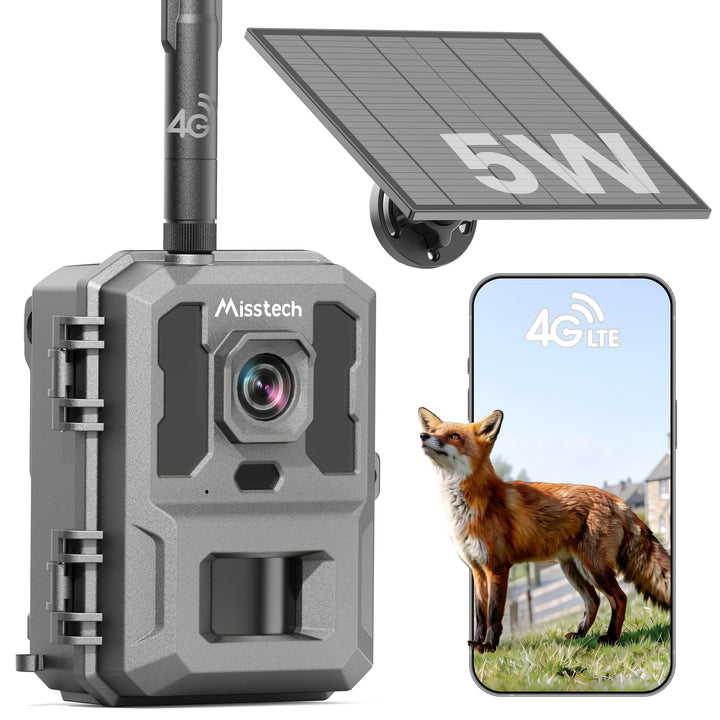 Misstech 4G LTE Wildkamera mit SIM Karte & 5W Solarpanel – 4K Video & 64MP, unsichtbare 940nm Nachts