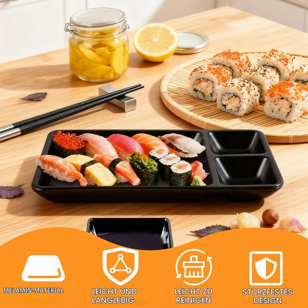 16-tlg. Japanisches Sushi Set Schwarz - Japanese Geschirr aus Melamin Enthält 4 Parr Sushi Stäbchen,