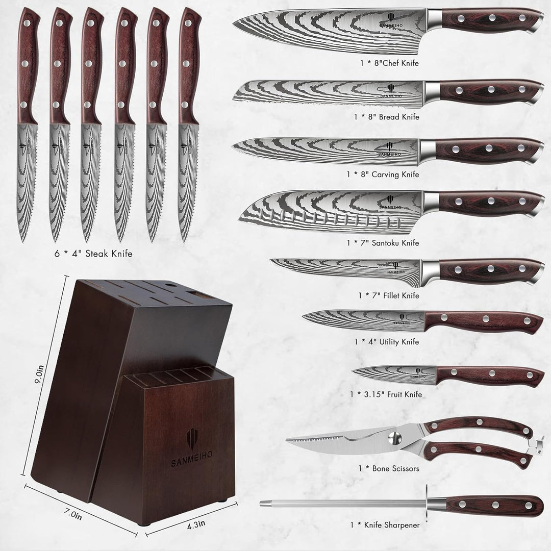 Messerset 16 teilig, Japanisches Küchenmesser Set mit Block, Ultrascharfes Messerset für die Küche m