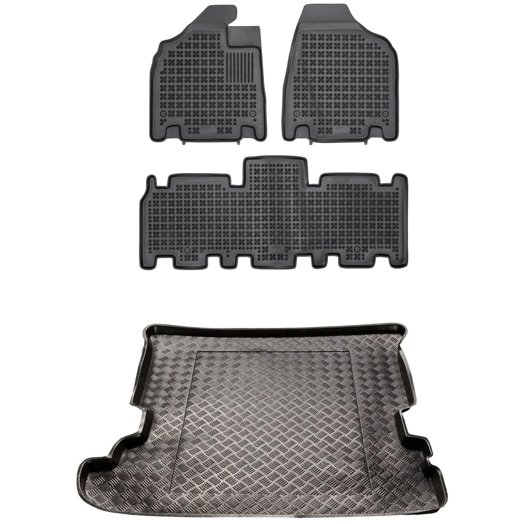 MOTOS Satz Gummifussmatten und PE Kofferraumwanne für Kia Carnival II 2005-2014 Verbessern Sie Ihren