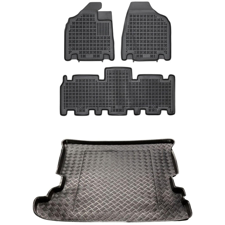 MOTOS Satz Gummifussmatten und PE Kofferraumwanne für Kia Carnival II 2005-2014 Verbessern Sie Ihren