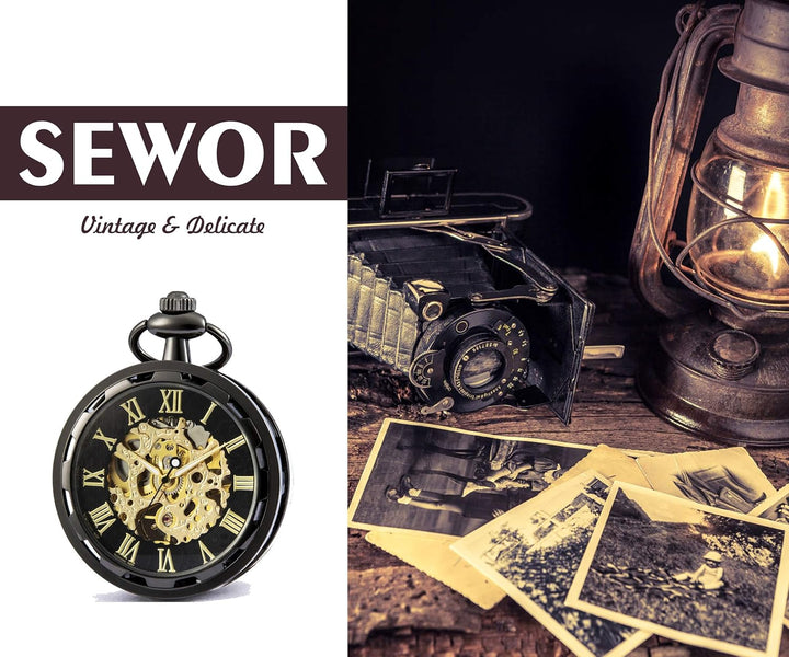 SEWOR Single Face Mechanische Handaufzugwerk Taschenuhr Schwarz, Schwarz