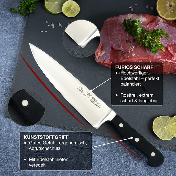 HEISO Kochmesser - handgeschmiedet in Solingen - rostfreie 21cm Klinge - Chefmesser mit extremer Sch