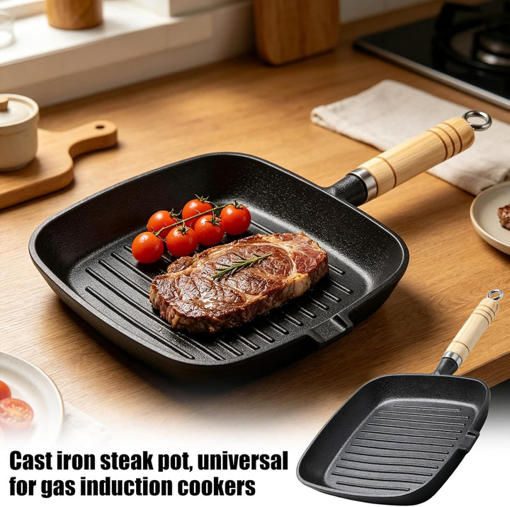 Grillpfanne 22x22 cm, Steakpfanne mit Ausgiesser und Holzgriff Geeignet für Induktion und Herdarten