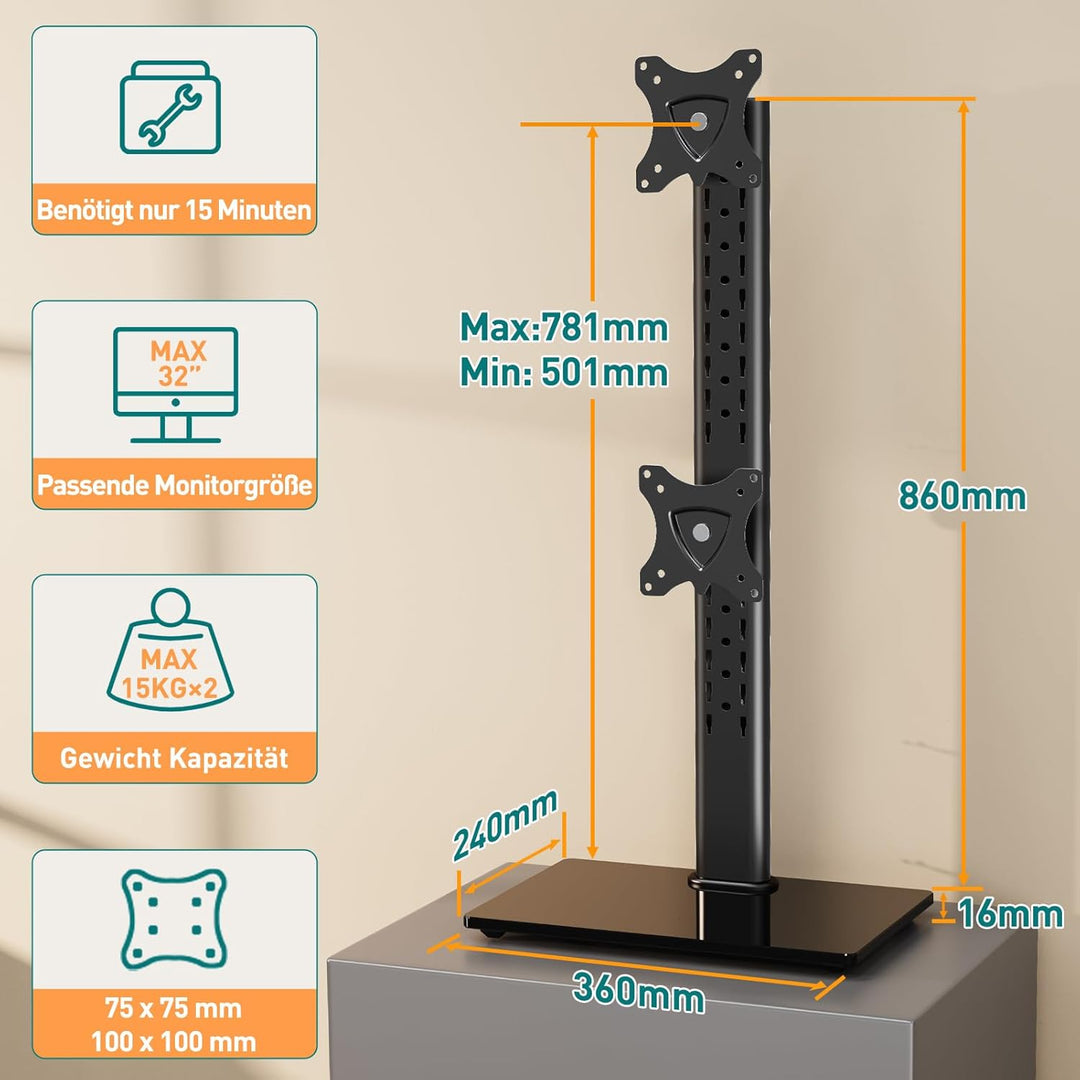 ELIVED Dual-Monitorständer für den Schreibtisch, vertikaler Stapel, freistehender Monitorarm für die