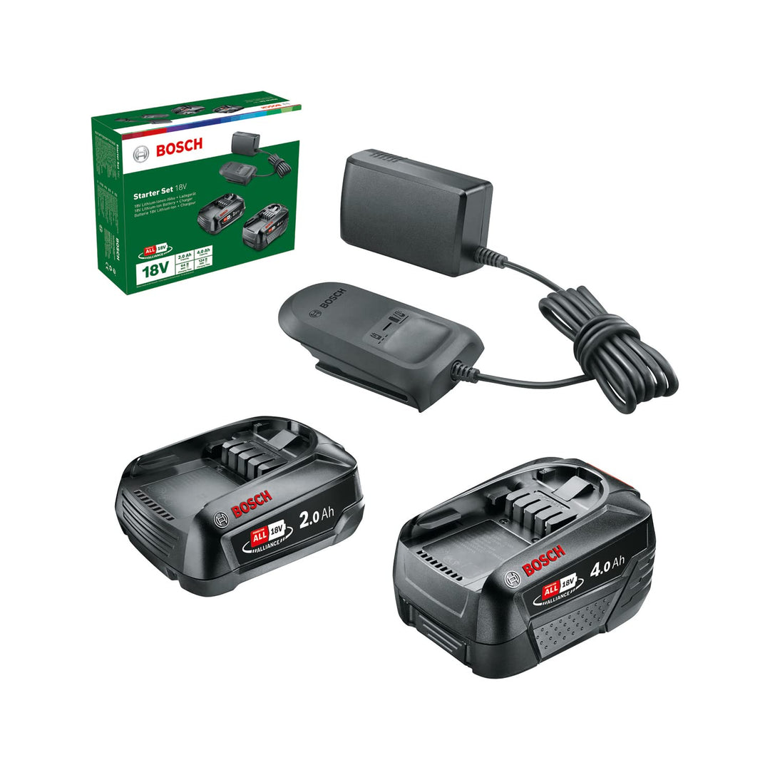 Bosch Home and Garden Akku und Ladegerät Starter Set 18V (2x Akku 2,0 Ah + 4,0 Ah, AL18V-20 Ladegerä