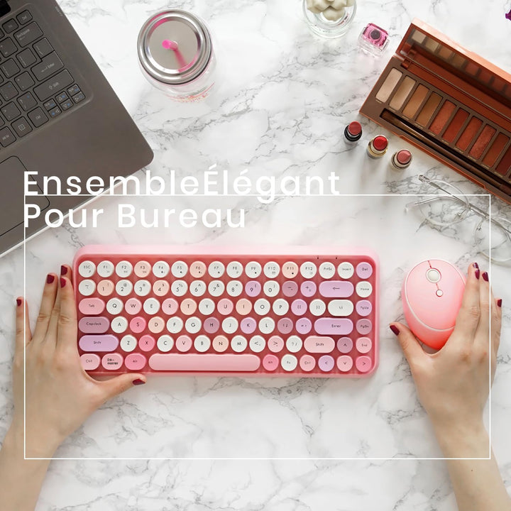 Perixx PERIDUO-713 Mini-Tastatur und Maus, kabellos, 2,4 GHz, Retro-Stil, rund, Pastellrosa, AZERTY